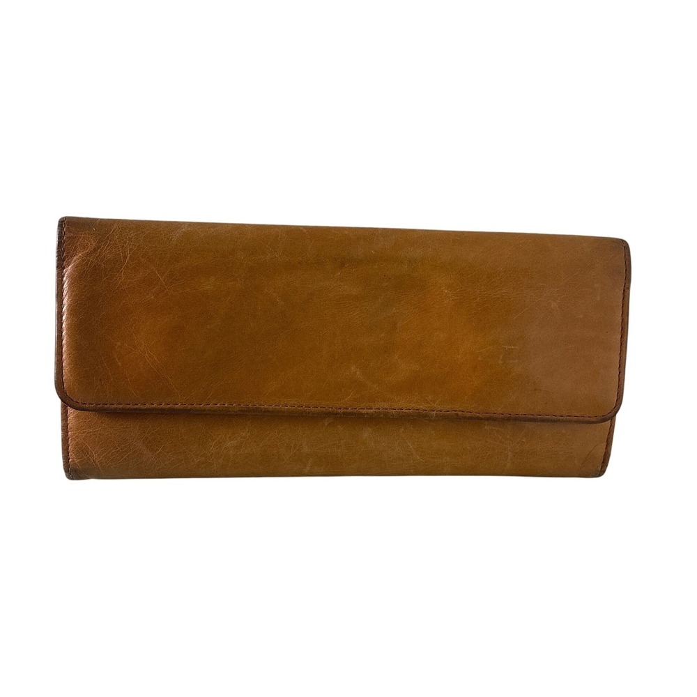 Hobo Tan Leather Trifold Wallet with Floral Lining and ID Window